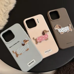 Cute Brown Blue Pink Phone Cases for iPhone 16 Plus Pro Max 15 14 13 12 Cartoon Embroidery Puppy Protective Phone Covers