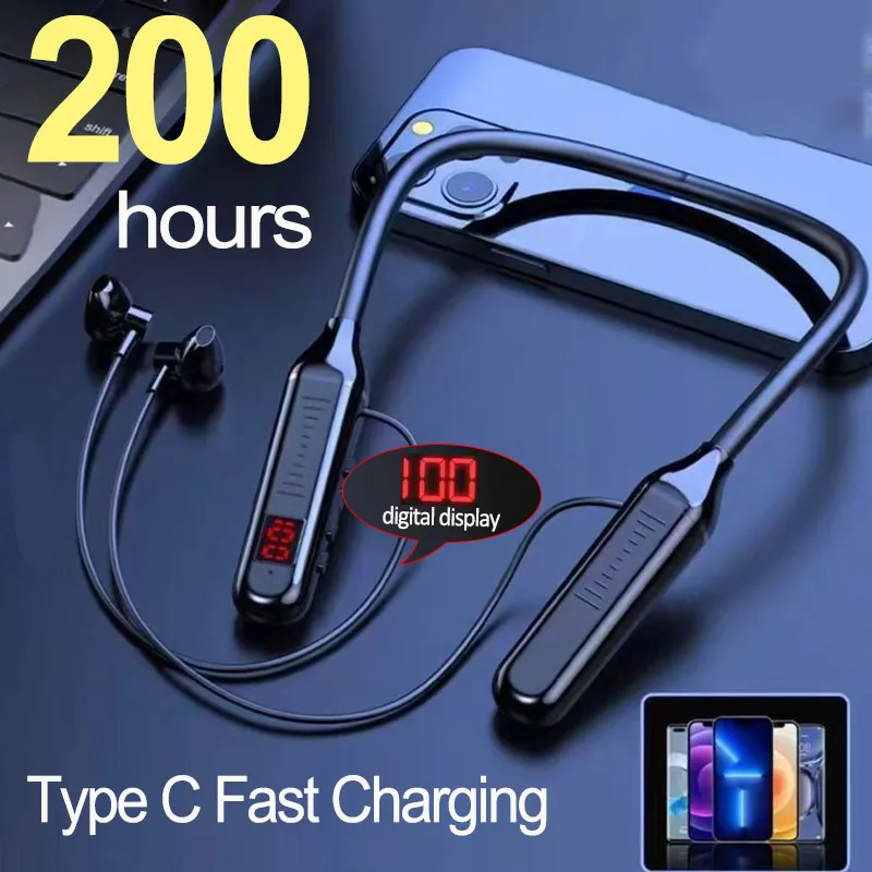 Neckband Headphones Gaming LED Display Stereo Sports Headset Halter Waterproof Magnetic Earbuds